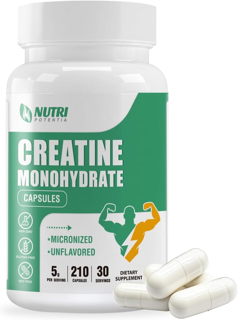 Creatine Monohydrate Capsules, Pure Creatine Pills Micronized for Enhanced Workout and Muscle Growth, Easy Absorption, Non-GMO, Unflavored - 210 Capsules