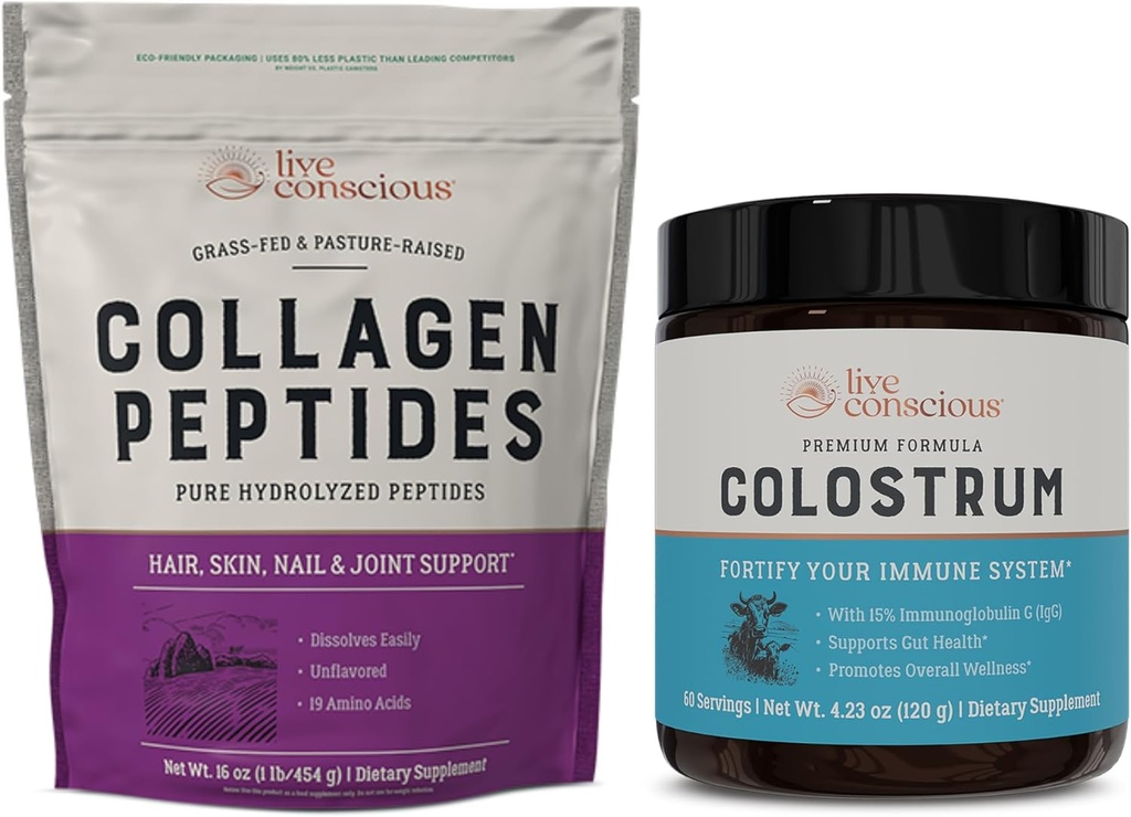 Live Conscious Collagen Peptides Types I & II + Colostrum | Hair, Skin, Nail, and Joint Support + Gut & Immune Support | Bovine Hydrolyzed Powdered Supplement & Immunoglobulin