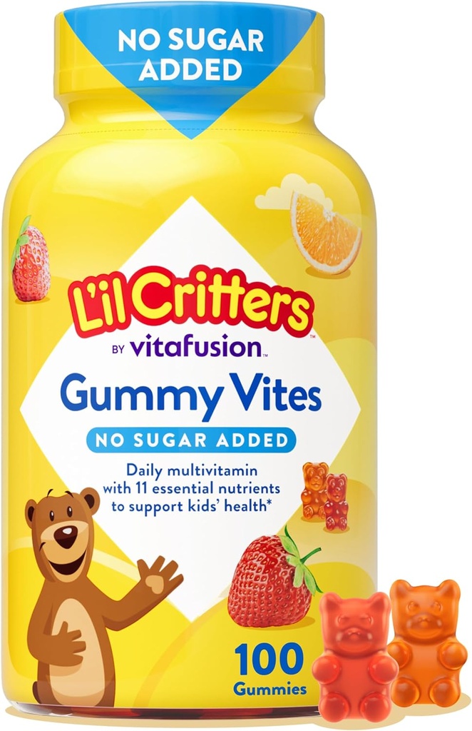 L’il Critters Gummy Vites No Sugar Added Daily Gummy Multivitamin for Ages 2+ Toddlers & Kids, Vitamin C, D3 for Immune, Strawberry and Orange Flavors, 100 Gummies
