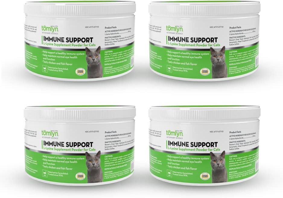 Tomlyn Immune Support Daily L-Lysine Supplement, Fish-Flavored Lysine Powder for Cats and Kittens, 4 Pack
