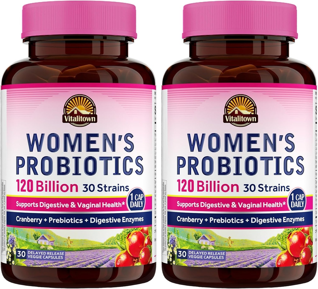 Vitalitown Women's Probiotics 120 Billion CFUs 1 Daily, 30 Strains, with Prebiotics & Digestive Enzymes & Cranberry, Gut & Vaginal Health, Vegan 60 Delayed Release Caps