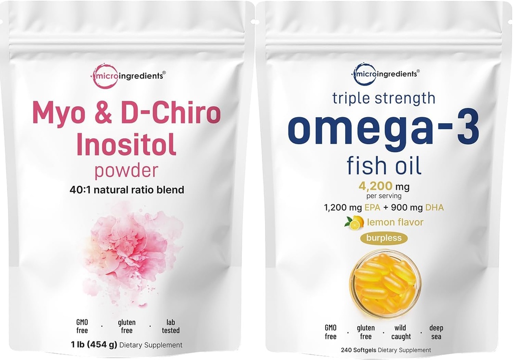 Micro Ingredients Omega-3 Fish Oil 4,200 mg Softgels & Myo & D-Chiro Inositol Powder Bundle 2 Pack | Wild-Caught Fish, Lemon Flavored, Burpless | Inositol Supplement for Women