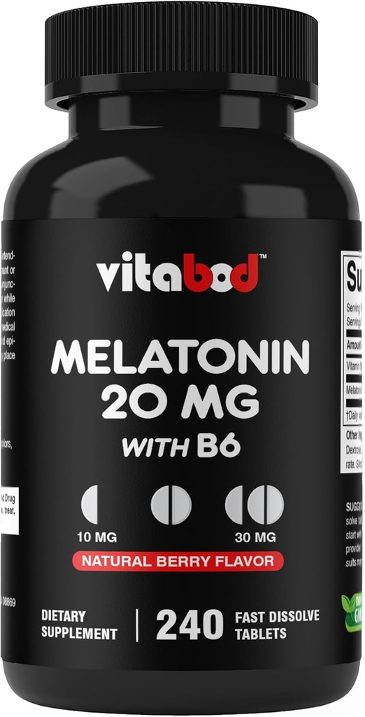 Melatonin 20 mg - 240 Fast Dissolve Tablets - Drug Free - Natural Berry Flavor - Vegetarian, Non-GMO, Gluten Free 240 Count (Pack of 1) (240 Count (Pack of 1))