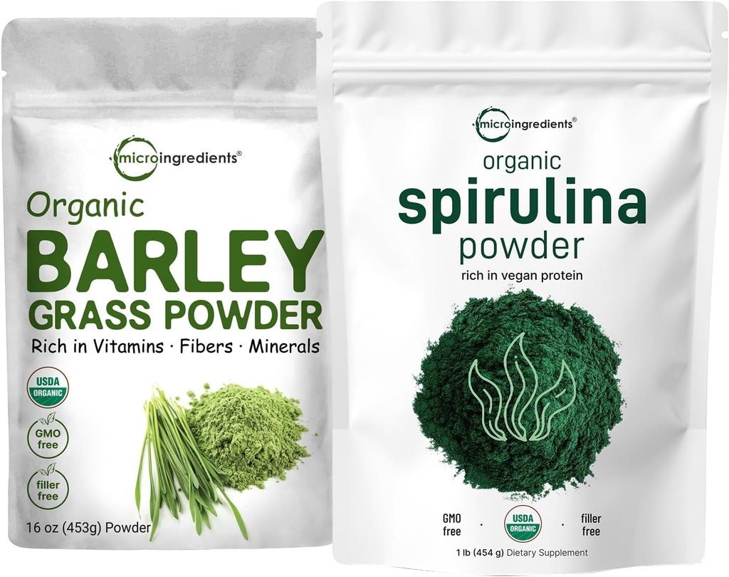 Micro Ingredients Organic Spirulina Powder 1lb & Organic Barley Grass Powder 16oz Bundle 2 Pack | Raw Superfoods | Rich in Vegan Protein, Fibers, Minerals, & Vitamins