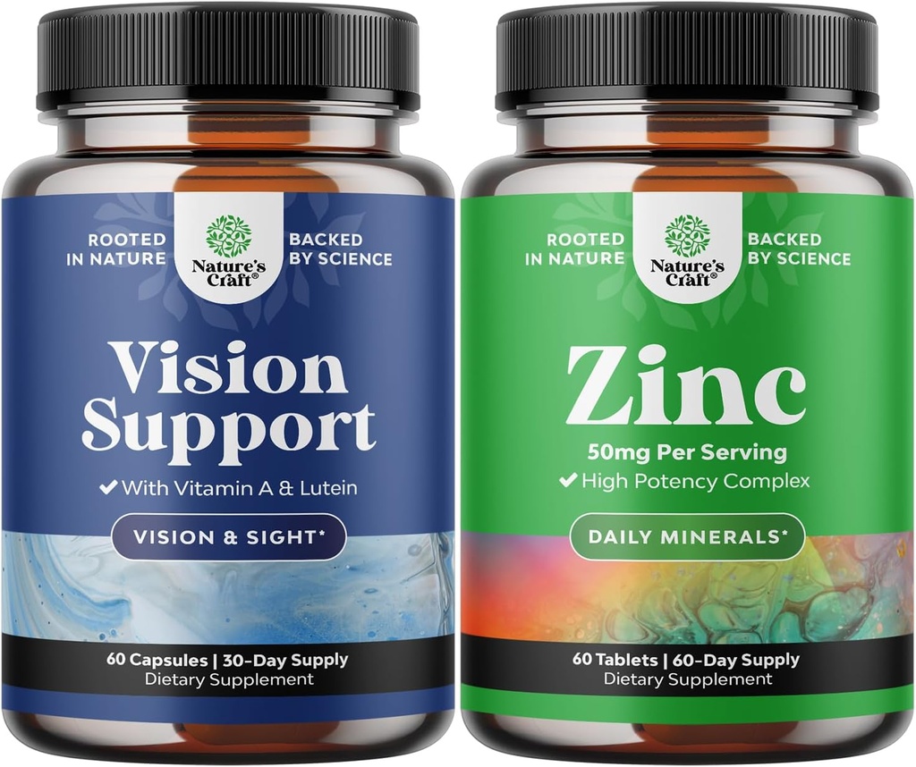 Bundle of Eye Health Supplement for Adults - Lutein 20mg Per Serving for Vision Dry Eyes and Blue Light Protection with Beta Carotene and Zinc 50mg Immune Support to Enhance Hair Skin and Nails