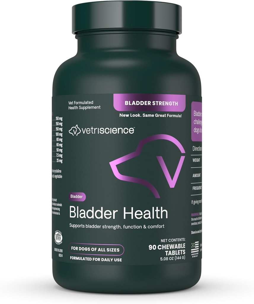 VetriScience Bladder Health Chewable Tablets, Bladder Strength Urinary Tract Supplement for Dogs, Reduce Urine Leakage and Overactive Bladder, With Soy Protein and Saw Palmetto, Smoke, 90 Count