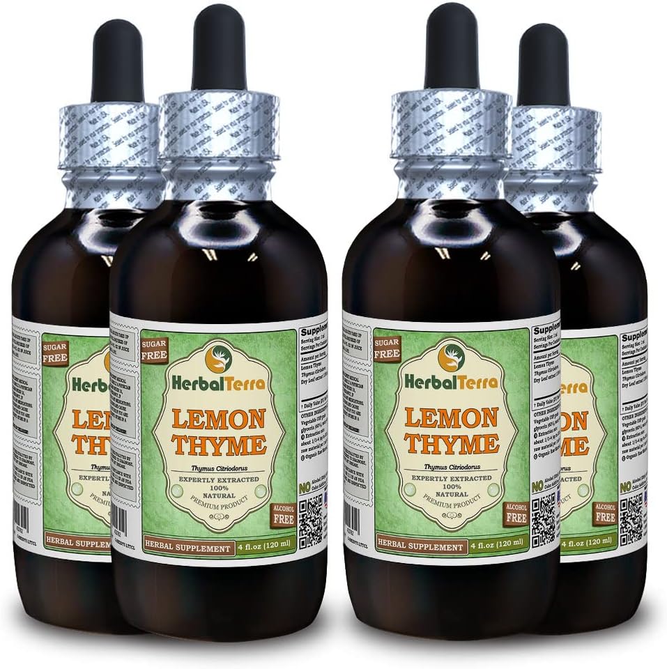 Lemon Thyme (Thymus x Citriodorus) Glycerite, Organic Dried Herb Alcohol-Free Liquid Extract (Brand Name: HerbalTerra, Proudly Made in USA) 4x4 fl.oz (4x120 ml)
