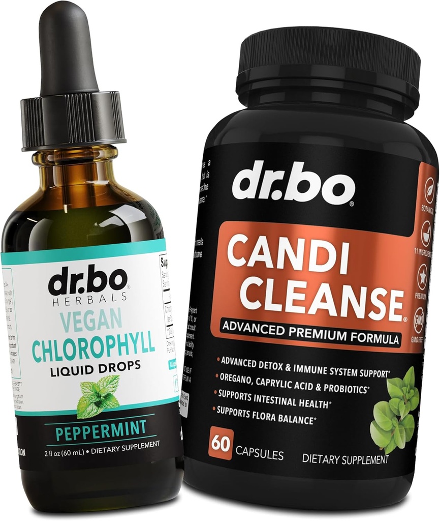 Chlorophyll Liquid Drops Body Detox & Candi Cleanse - Vegan Liquid Chlorophyll Drops Odor Cleanse Supplement Internal Deodorant - Extra Strength Probiotic Oral Herbal Oregano & Caprylic Acid Capsules