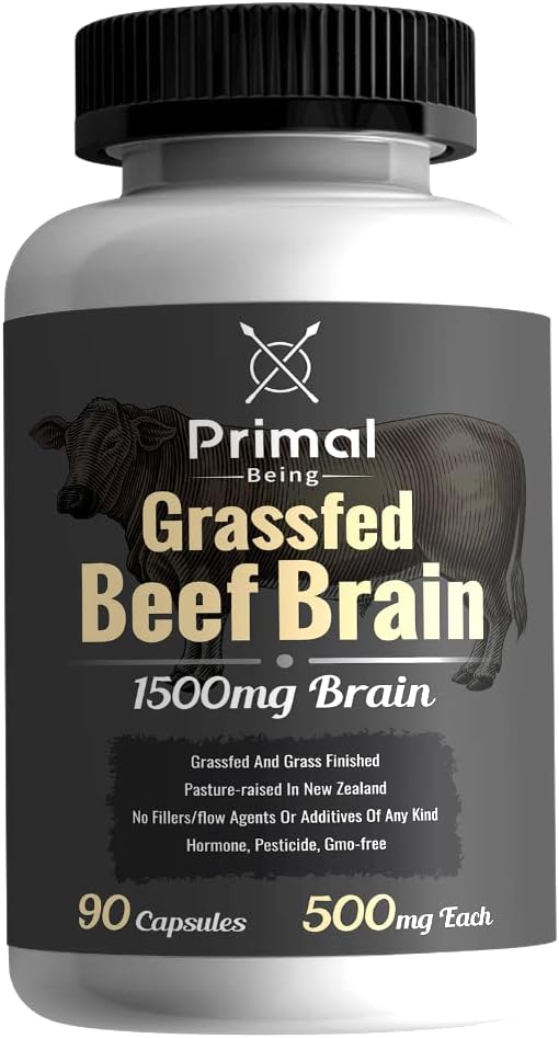 Primal Being Grassfed Beef Brain, Supports Memory, Mood, Focus, Energy, Cognitive Health - 90 Capsules, 1500mg per Serving