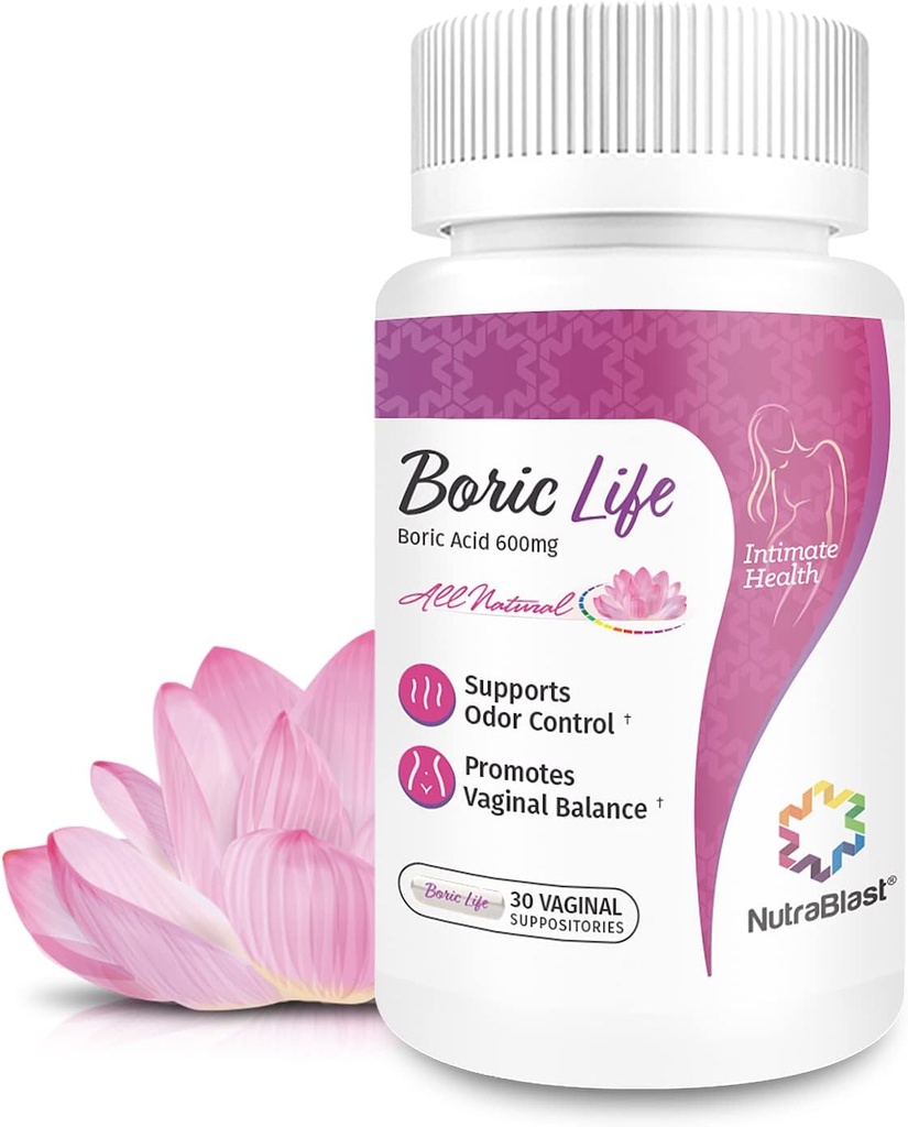 NutraBlast Boric Acid Vaginal Suppositories - 100% Pure Made in USA - Boric Life Intimate Health Support (30 Count)