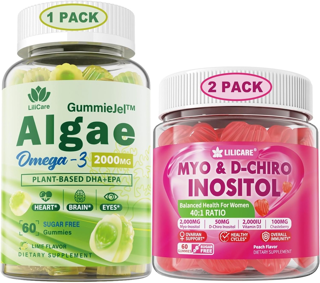 Bundle: Vegan Omega 3 Supplement Gummies & Inositol Gummies Ideal 40:1 Ratio Myo & D-Chiro Inositol