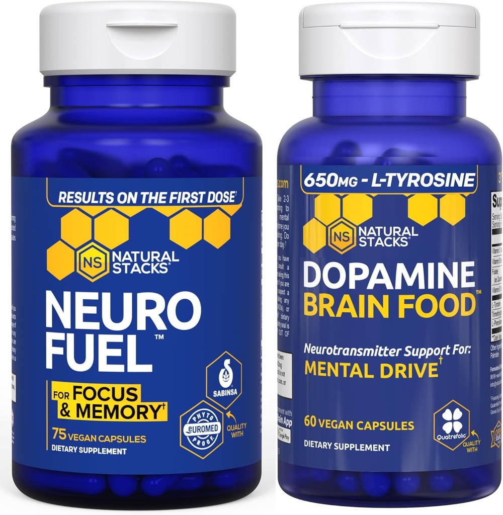 NATURAL STACKS NeuroFuel Nootropic + Dopamine Brain Food Bundle - Supports Memory, Motivation & Focus* - 135 Total Capsules