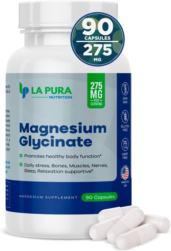 LaPura Magnesium Glycinate 275 mg Supplement, 90 Capsules - Daily Stress Relief, Promotes Sleep & Relaxation - Supports Bones, Muscles, Nerves, Heart, Brain -Non-GMO, Gluten-Free, Made in USA