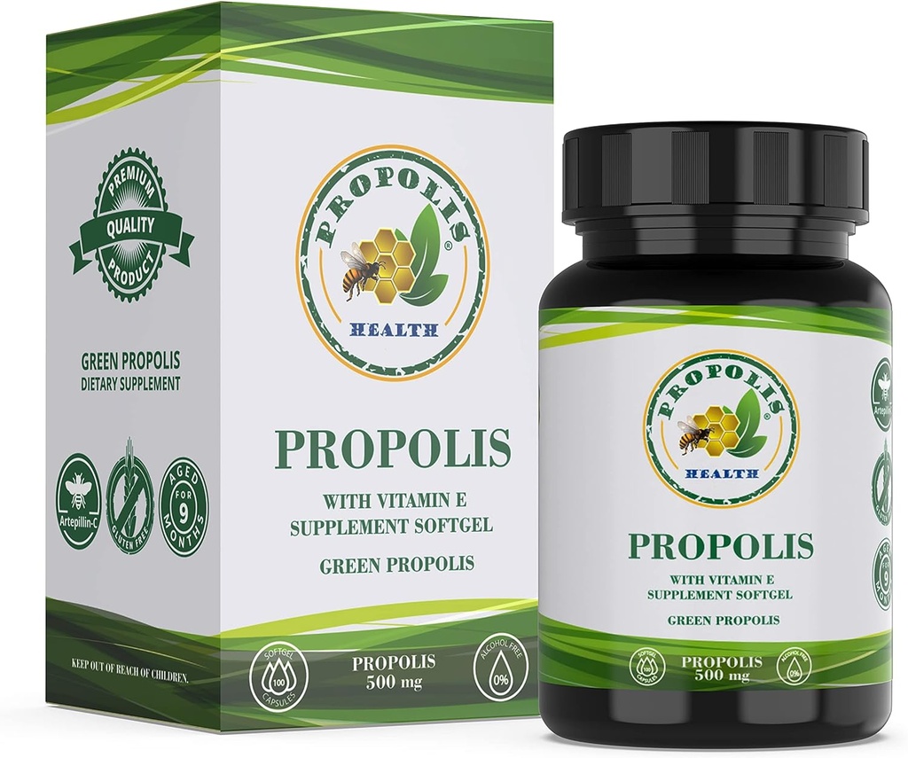 Propolis Health Propolis Capsules 1000mg-Daily with Vitamin E Per dose - Pure Brazilian Green Propolis Extract - Immune Booster 50 Days Supply -100 Capsules
