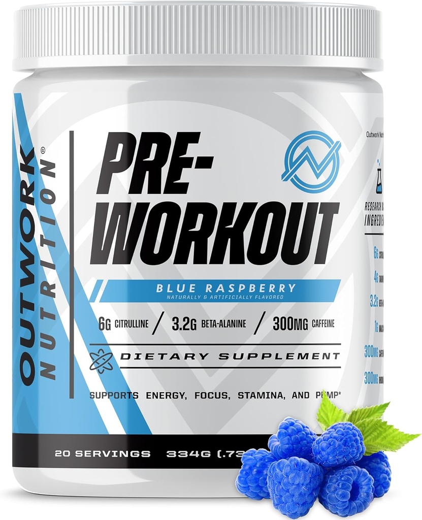 Outwork Nutrition Pre Workout Powder for Men & Women - Pre-Workout Supplements Without Creatine, Nootropic Preworkout with Citrulline Malate Beta Alanine Taurine Rhodiola Caffeine (Blue Raspberry)
