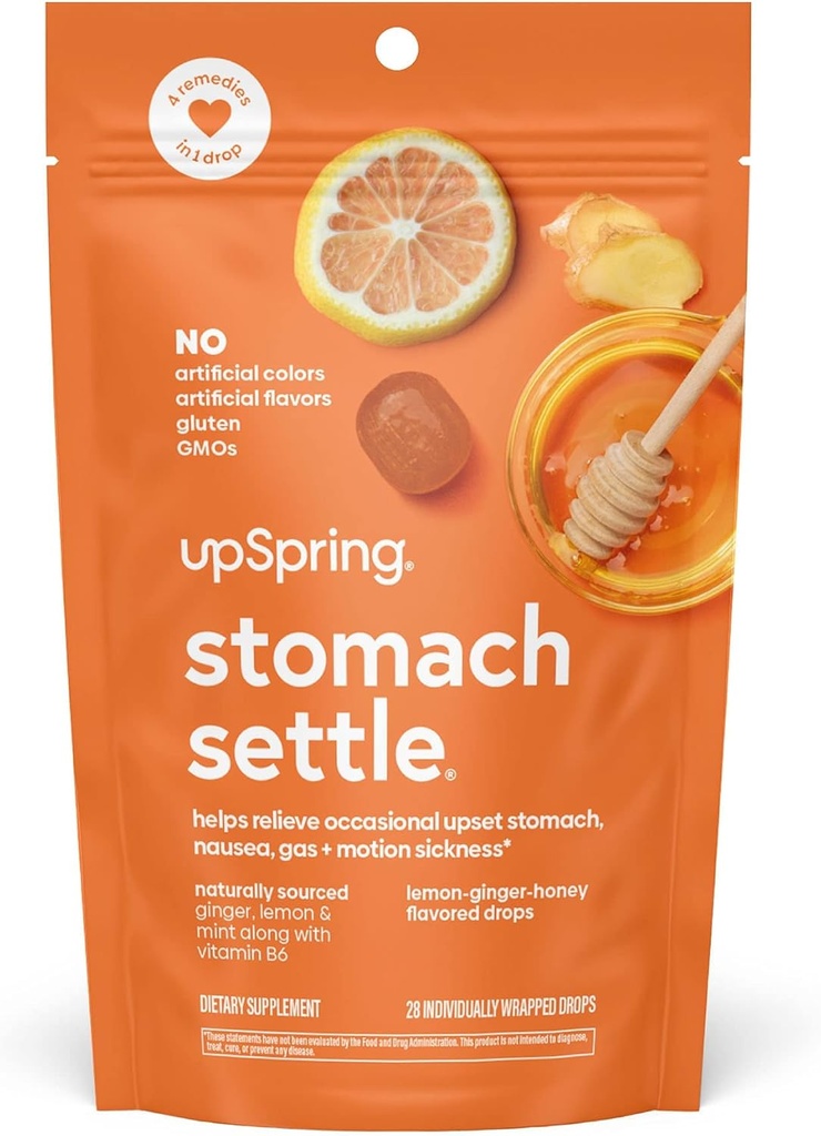 Upspring Stomach Settle Nausea Relief Drops - Fast-Acting Pregnancy Nausea Relief & Morning Sickness Relief with Ginger, Lemon, Spearmint, Honey & B6, Lemon-Ginger-Honey Flavor, 28 Drops