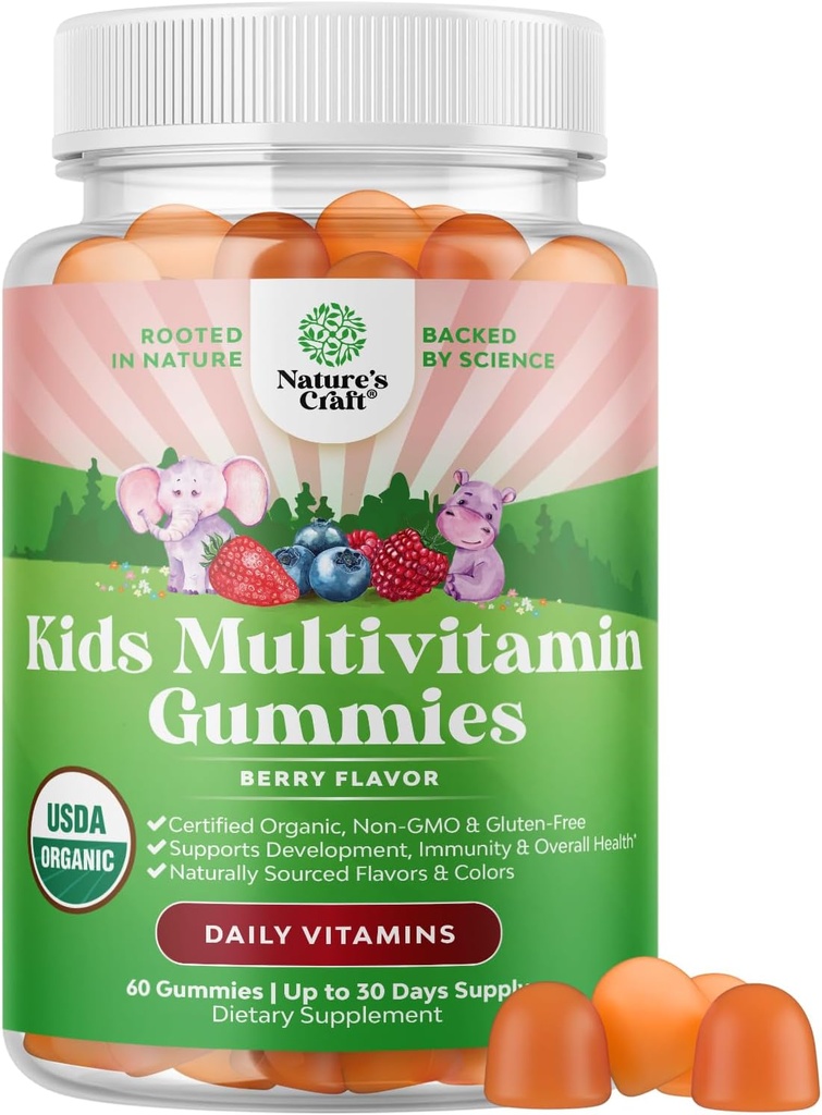 USDA Organic Kids Multivitamin Gummies - Multivitamin for Kids Immune Support with Vitamins A, C, D3, E, B6 & B12, Zinc & Iodine - Children's Vitamins Chewable Formula for Strong Health - 60 Count