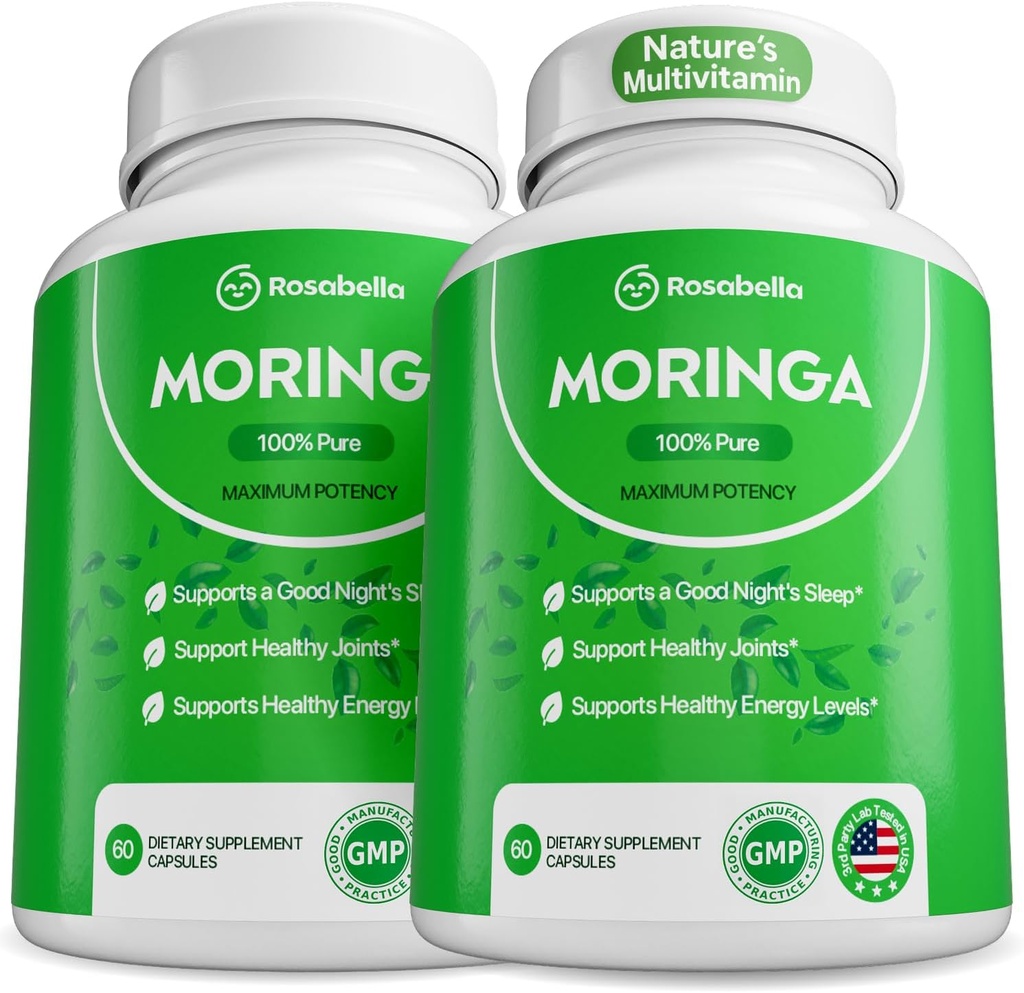 Rosabella Moringa Capsules - Pure Moringa Powder, Energy, Skin, Immune & Gut Health Superfood, Rich in Antioxidants, Essential Vitamins & Amino Acids, Natural Green Superfood Supplement - 120 Count