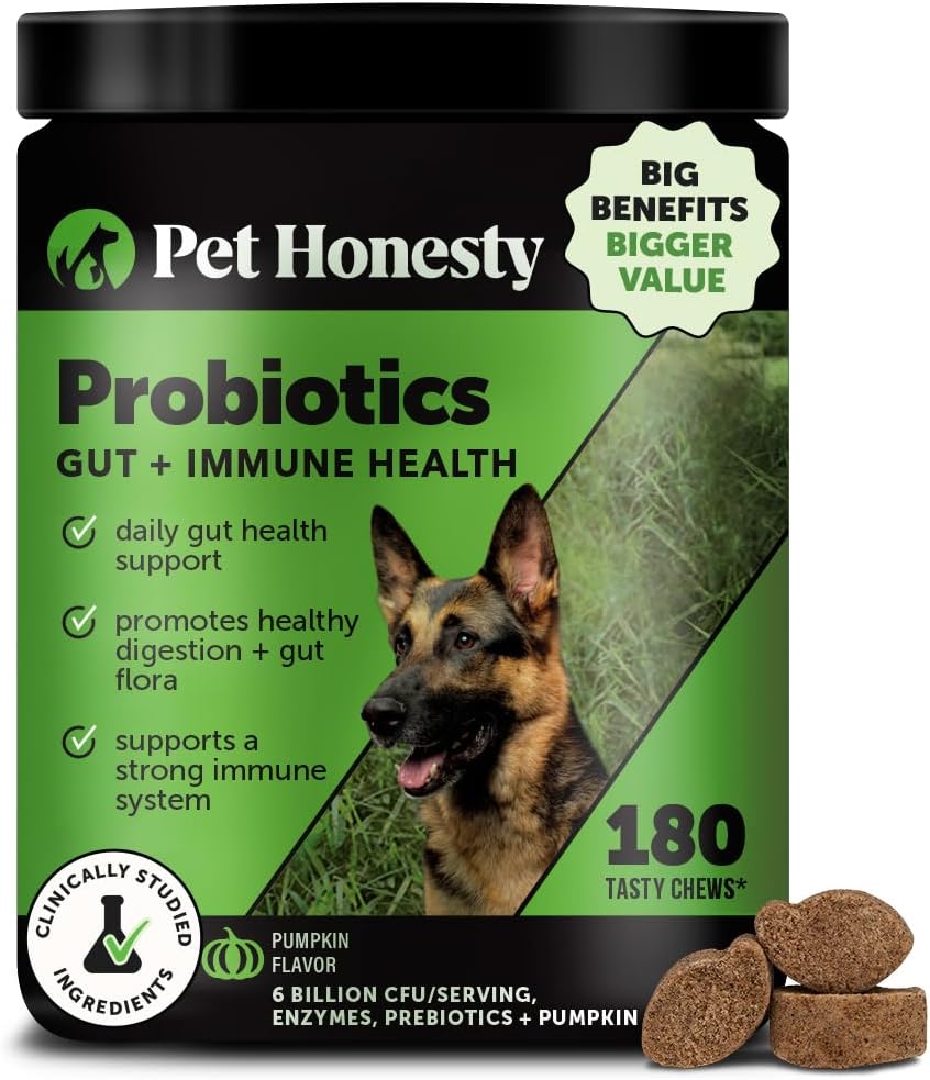 Pet Honesty Probiotics for Dogs - Digestive Enzymes Promotes Gut Health, Dog Probiotics for Bowel Support, Fiber for Regularity, Prebiotics for Immune Health & Gut Flora (Pumpkin, 180 ct)