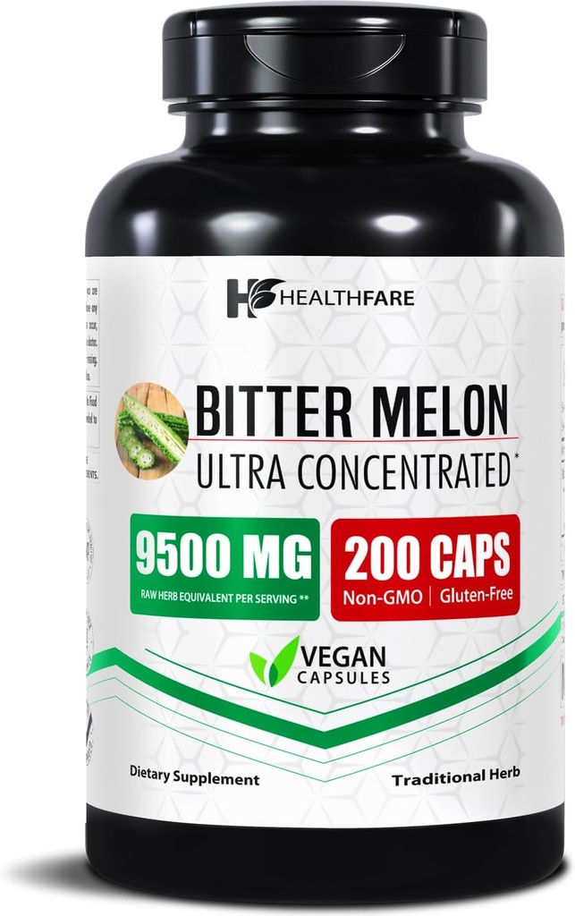 Healthfare Bitter Melon Capsules Extract 9500mg | 200 Vegan Pills | Standardized Extra Strength Herbal Supplement | Non-GMO, Gluten-Free | Made in USA