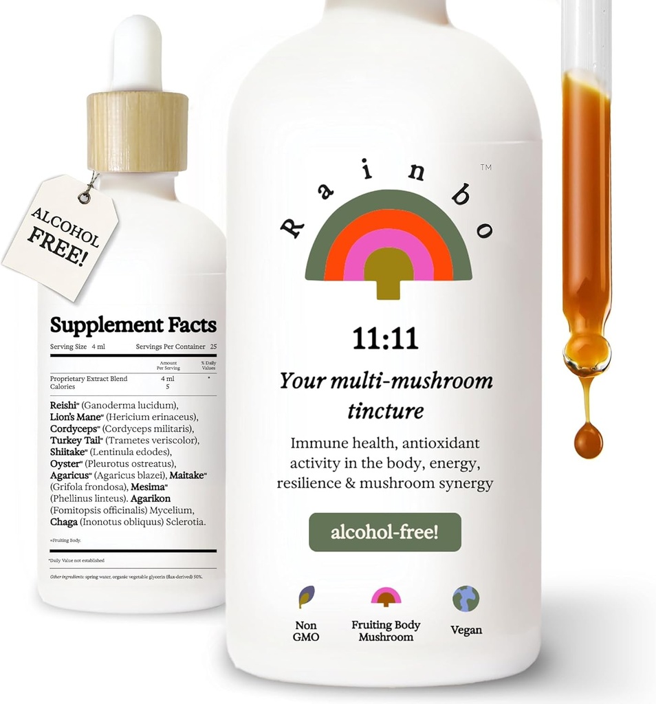 Rainbo - 11:11 Multi Mushroom Tincture - 11-in-1 Alcohol Free - Dual Extract Mushroom Blend - Comprehensive Immune Support, Brain Support, Liquid Lion's Mane & Turkey Tail, Vegan, Non GMO, 3.4 fl oz