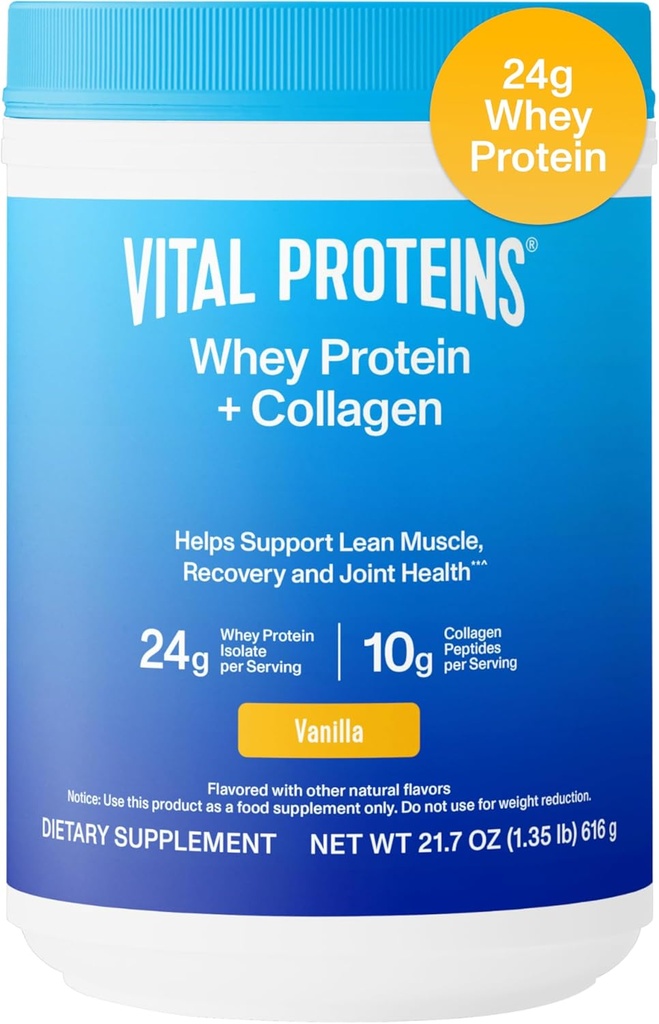 Vital Proteins Whey Protein Powder+ Collagen Peptides, 24g Protein Supporting Recovery & Joint Health, with Vitamin C, About 16 Servings - Vanilla 21.7oz