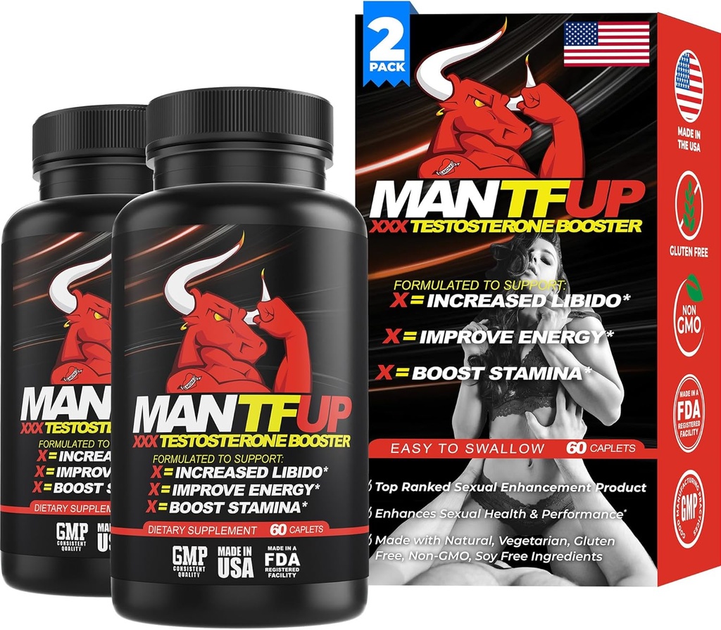 MANTFUP Vitality Enhancer for Men | Fast-Acting Testosterone Booster & Daily Supplement to Support Male Health & Libido | Potenciadores de Testosterona | Made in USA (2 Month Supply, 120 Caplets)