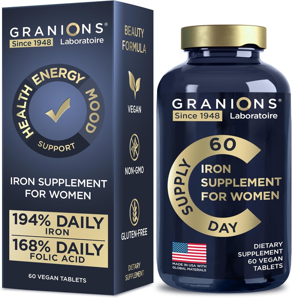 Vegan Iron Supplements for Women - 194% Daily Womens Iron Supplement for Pregnancy and Anemia Folic Acid Prenatal Vitamins - 168% Folate Folic Acid - 60 Tablets