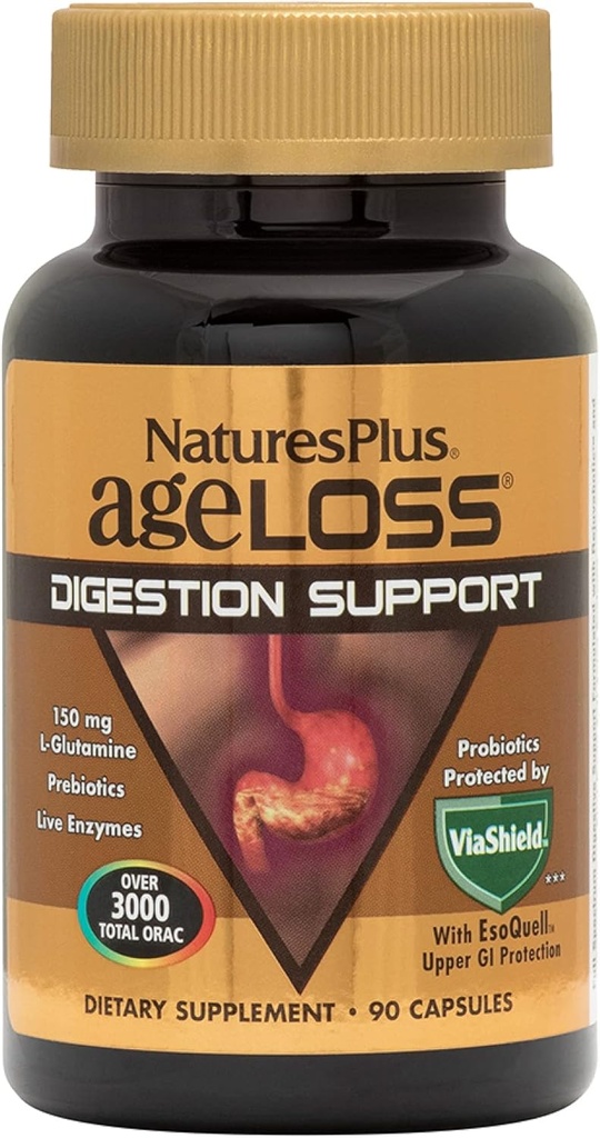 Natures Plus AgeLoss Digestion Support - 90 Capsules - Prebiotics, Live Enzymes & 150 mg L-Glutamine - Gluten Free - 30 Servings