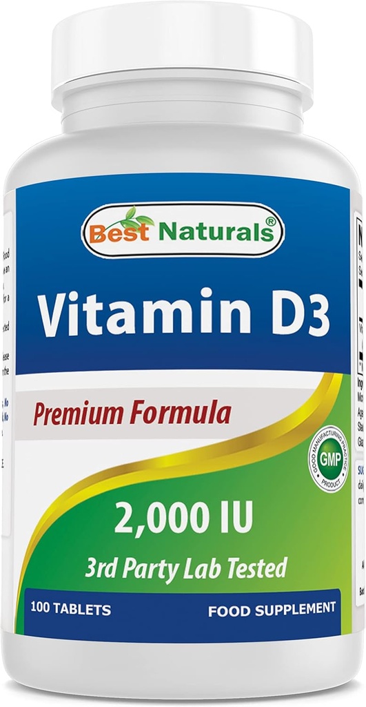 Best Naturals Vitamin D3 2000 IU (50 mcg) - 100 Tablets - 100 Days Supply - Helps Support Immune Health, Strong Bones and Teeth, & Muscle Function (100 Count (Pack of 1))