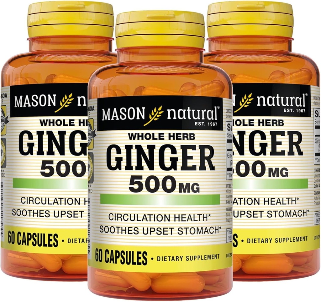 MASON NATURAL Whole Herb Ginger 500 mg, 6 Month Supply, Natural Herbal Supplement, 60 Capsules (3 Pack)