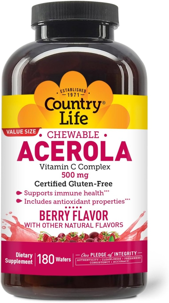 Country Life Acerola Vitamin C Complex, 500mg, Chewable Berry Flavored Wafers, Supports Immune Health, 180 Wafers, Certified Gluten Free by GFCO , Certified Vegan by AVA