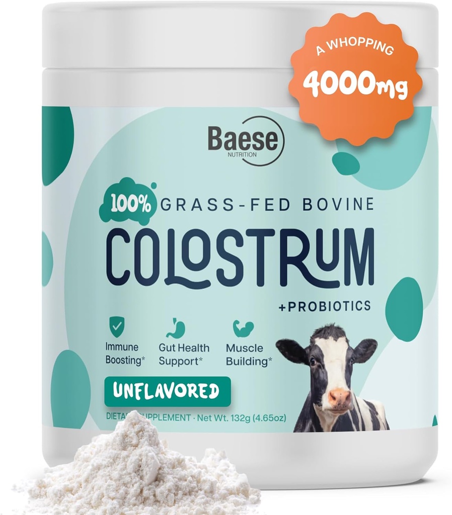 4000mg 800 IgG Grass Fed with Probiotics Bovine Colostrum Powder Supplement for Kids & Adults with Immunoglobulins (132 Grams, Unflavored)