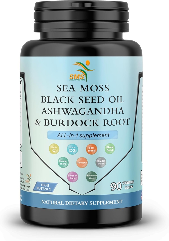Sea Moss 3000mg Black Seed Oil 2000mg Ashwagandha 1000mg Turmeric 1000mg Bladderwrack 1000mg Burdock 1000mg & Vitamin C & D3 with Elderberry Manuka Dandelion Yellow Dock Iodine Chlorophyll ACV