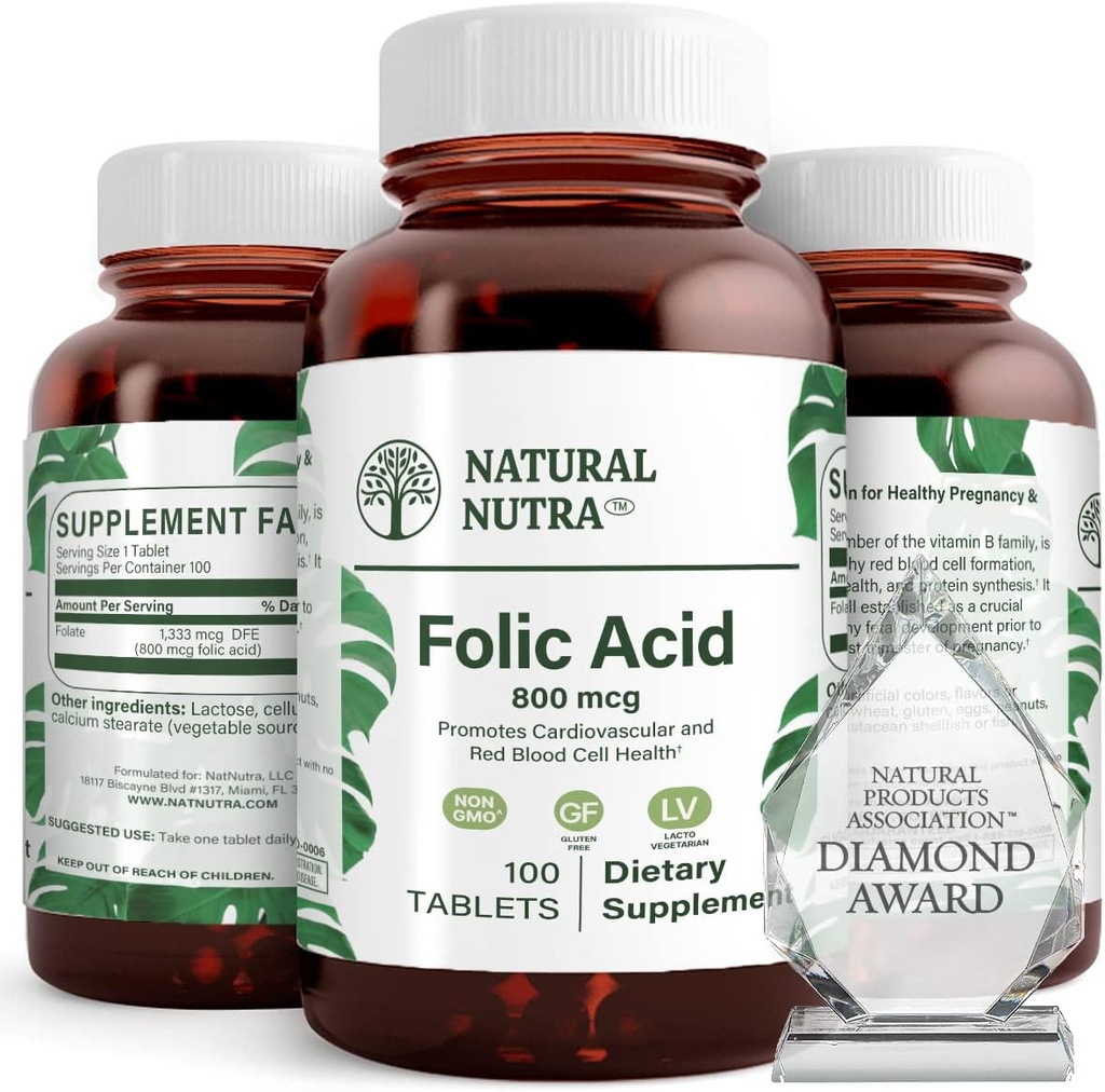 Natural Nutra Folic Acid Folate Vitamin B9 Supplement, Prenatal Vitamin for Heart and Cardiovascular Health, Red Blood Cell Formation, Vegetarian and Gluten Free Supplements, 800 mcg, 100 Tablets