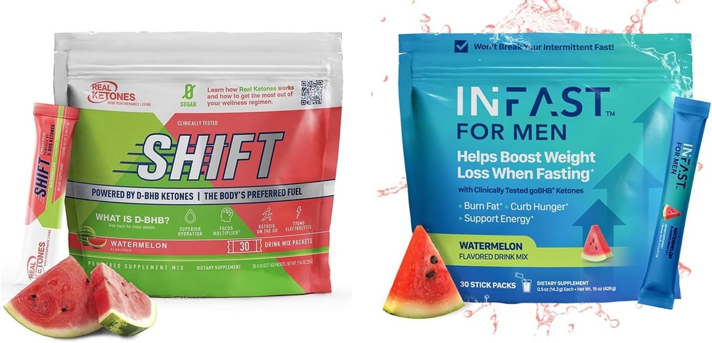 Real Ketones Intermittent Fasting Drink Mix Bundle for Weight Loss Support Watermelon Shift Electrolytes & Intermittent Fasting Electrolytes for Men with BHB Exogenous Ketones (30 Count Each)