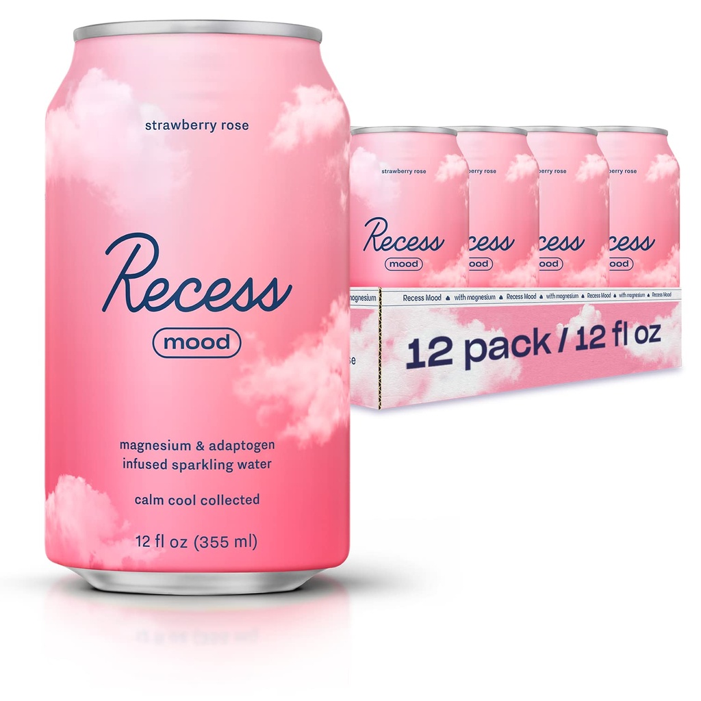 Recess Mood Magnesium & Adaptogen Drink, Relaxation Beverage, 12 Ounce (Strawberry Rose, 12 Pack)