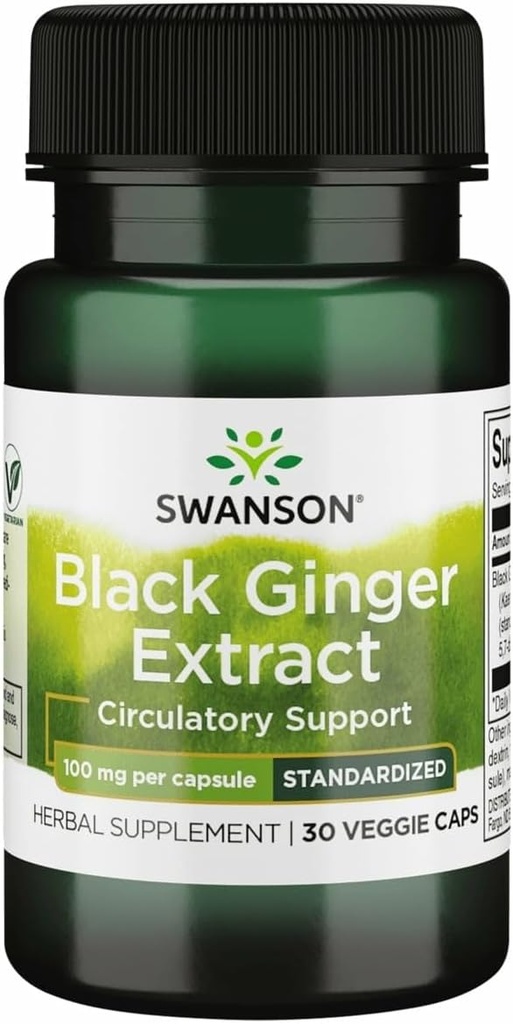 Swanson Black Ginger Extract - Promotes Healthy Blood Circulation and Physical Vigor - May Aid Heart Health, Muscle Tissue, and Wellbeing - (30 Veggie Capsules, 100mg Each) 1 Pack
