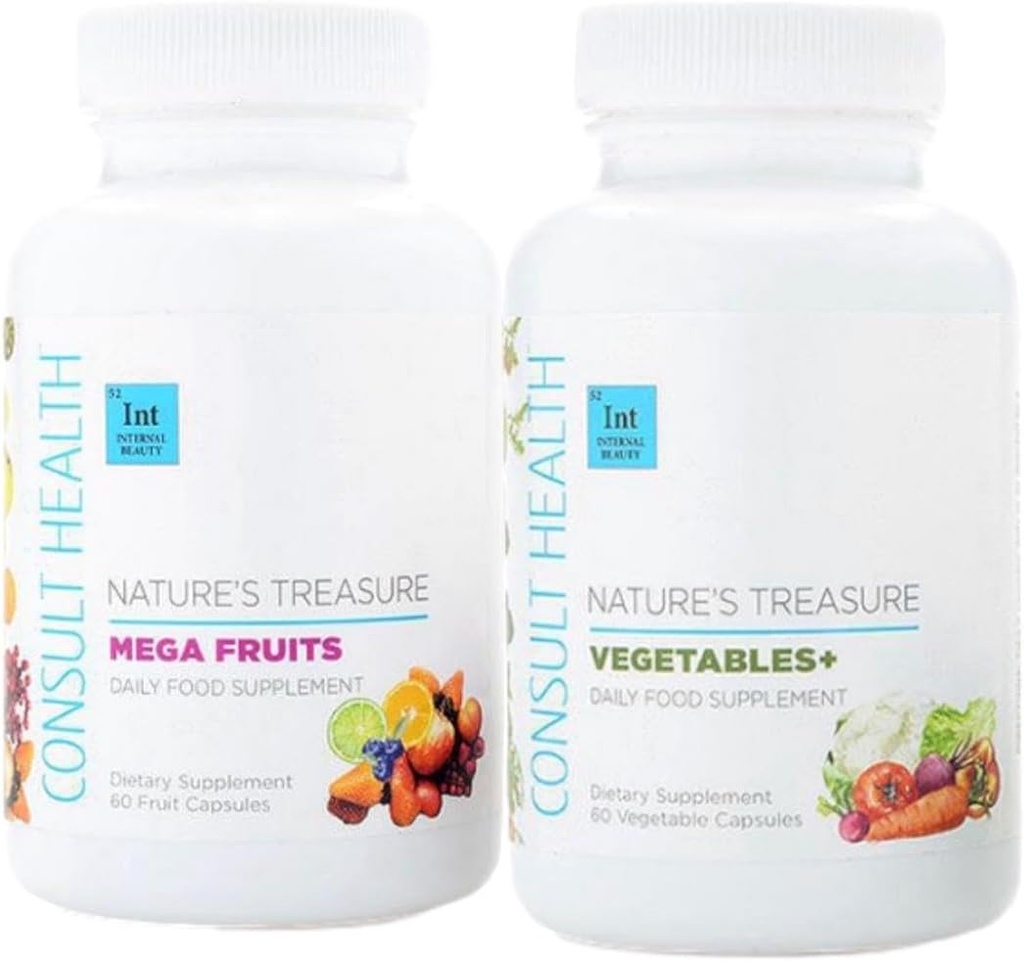 Consult Health Nature's Treasure, 60 Mega Fruit and 60 Veggie Capsules,100% Whole Natural Green and Red Superfood Plant Based Nutrition, Supports Energy Levels, Grown and Made in The USA - (2Pack)