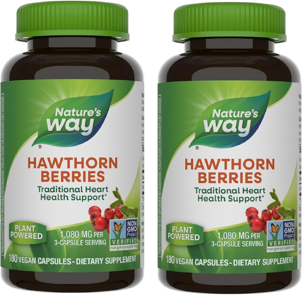 Nature's Way Herbal Hawthorn Berries, Traditional Heart Health Support*, 180 Vegan Capsules (Packaging May Vary) - 2 Pack