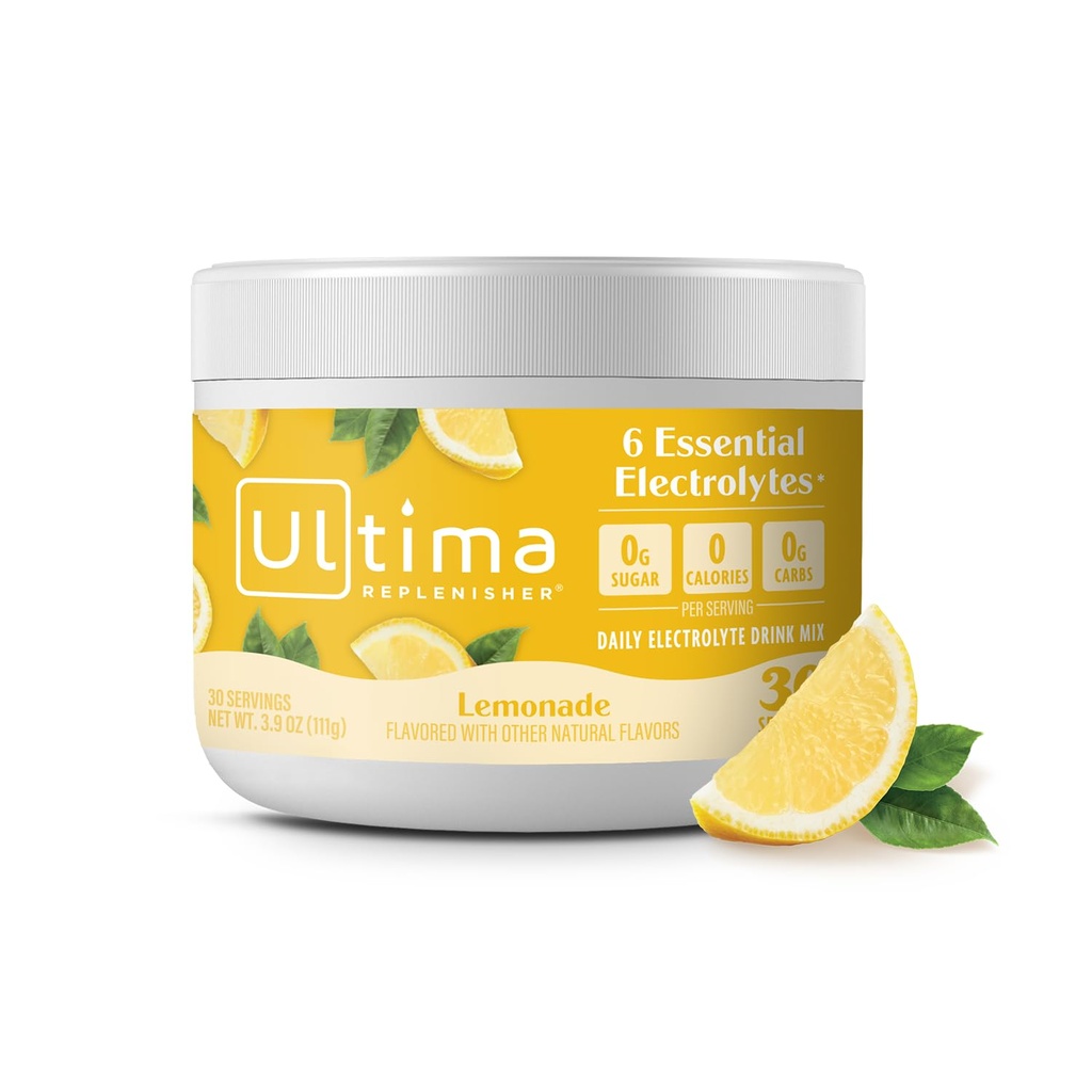 Ultima Replenisher Daily Electrolyte Powder Drink Mix – Sugar Free – Lemonade, 30 Servings – Hydration Powder with 6 Key Electrolytes and Trace Minerals – Keto Friendly, Vegan, Non-GMO