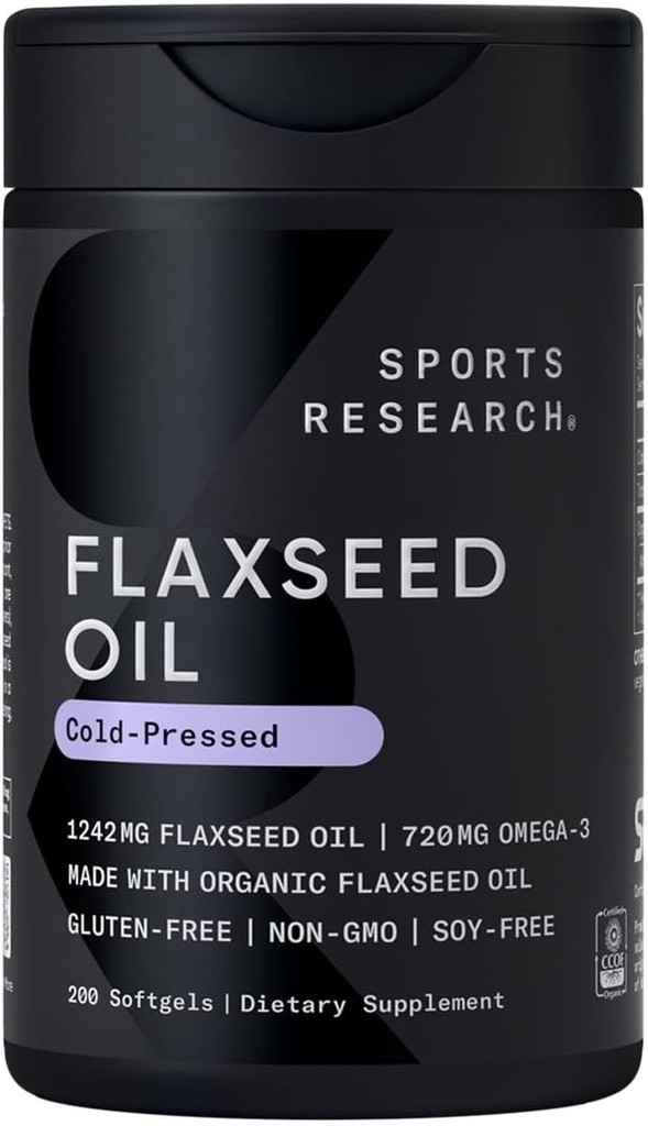 Sports Research Flaxseed Oil Softgels 1242mg - Plant Based Omega 3 Supplement for Women & Men - Non-GMO Verified, Soy & Gluten Free (200 Count)