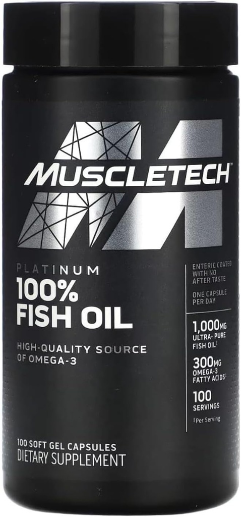 Omega 3 Fish Oil Capsules MuscleTech 100% Omega Fish Oil Burpless Fish Oil Supplement Omega 3 Fatty Acid Supplement Fish Oil 1000mg Pills, 100 Count