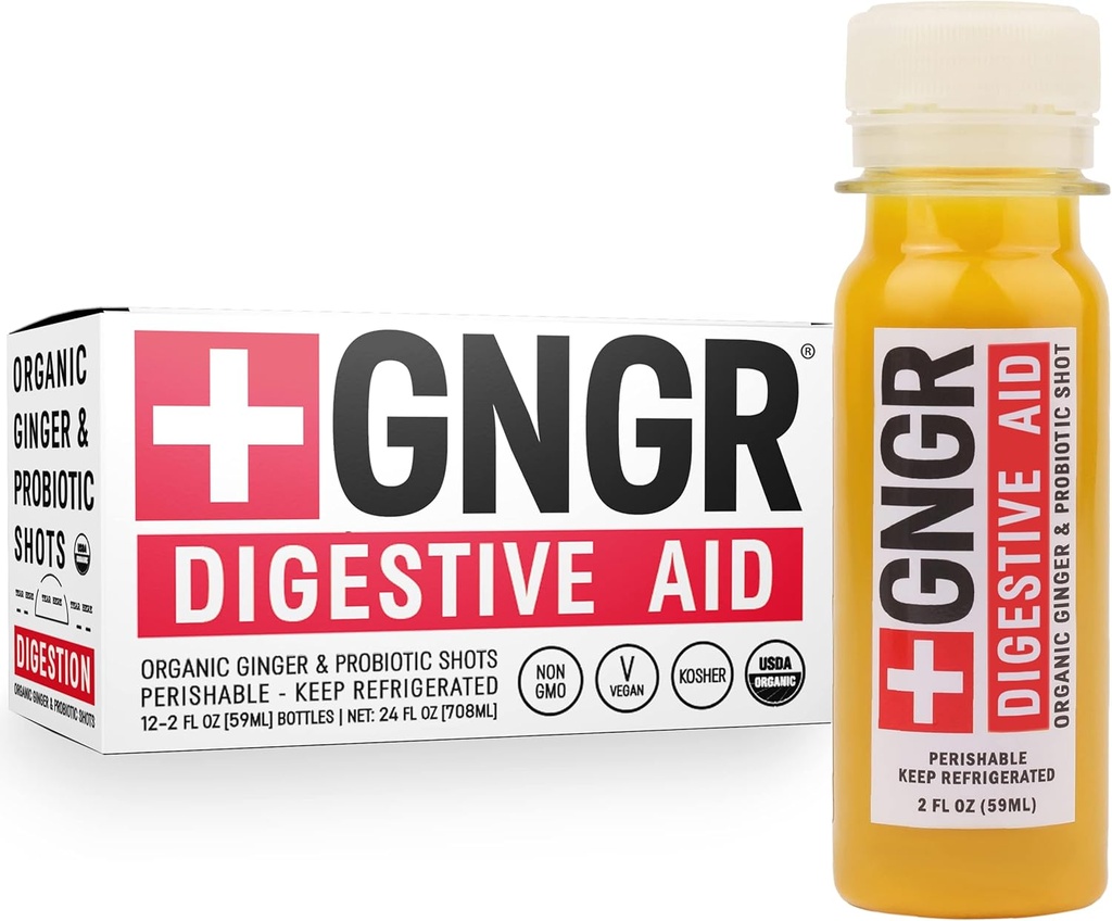 +GNGR Digestive Aid Organic Ginger Shots with Probiotics, Gut Health, Colon Cleanse, Bloating Relief, Gut Detox, Immunity Shots with Ginger Juice, Turmeric, Black Pepper. 2 fl oz (Pack of 12)