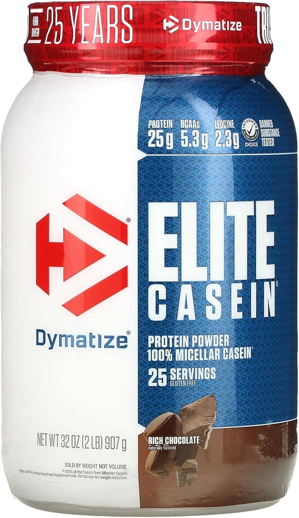 Dymatize Elite Casein Protein Powder, Slow Absorbing with Muscle Building Amino Acids, 100% Micellar Casein, 25g Protein, 5.4g BCAAs & 2.3g Leucine, Helps Overnight Recovery, Rich Chocolate, 2 Pound