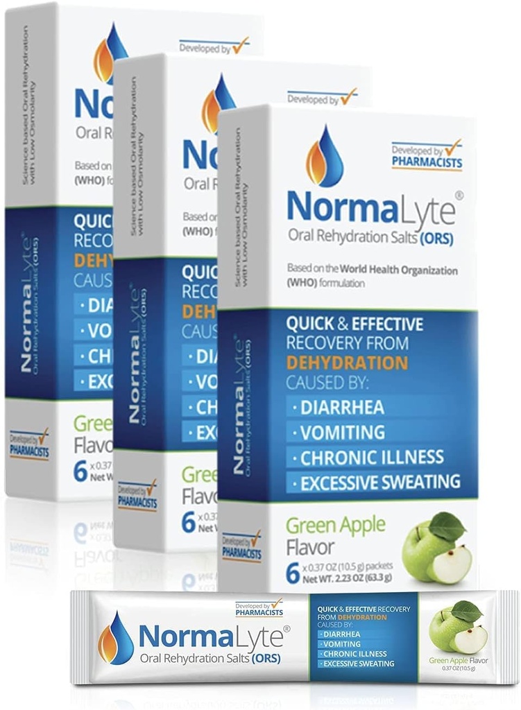 NormaLyte Oral Rehydration Salts-18 Sticks Packs (Yields 500mL per Pack)-Apple| Energy Supplements, Potassium Supplement, Dehydration Recovery