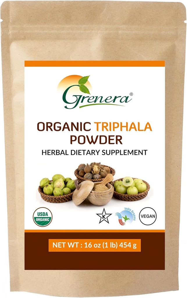 Grenera Organic Triphala Powder 1 lb (16 Ounce) 454 Grams - Made with Organic Amalaki, Organic Bibhitaki, Organic Haritaki Fruit - USDA Organic, Vegan, Kosher Certified