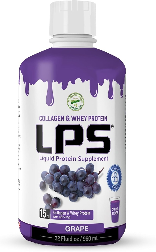 LPS Liquid Collagen & Whey Protein Supplement - Sugar-Free, Dye-Free, Non-GMO Drink - Hydrolyzed Collagen & Whey Peptides Promotes Healthy Skin & Hair for Men & Women, Grape, 32 fl oz