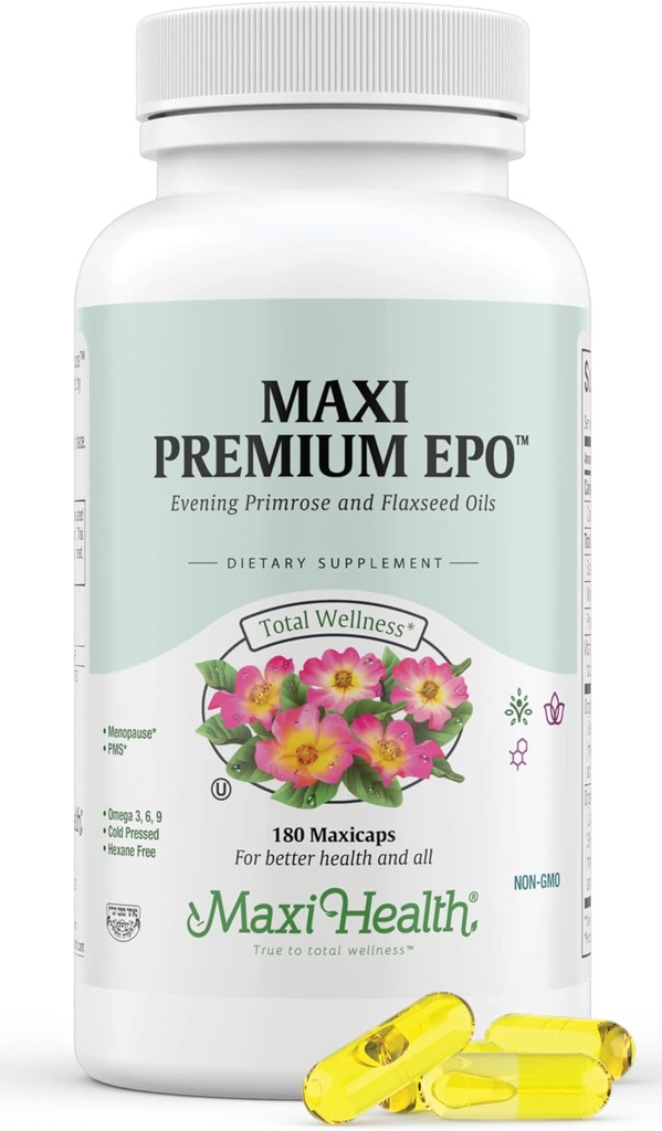 Maxi-Health Evening Primrose and Flax Seeds Oil Softgels - Vegan Omega 3 6 9 Supplements for Healthy Skin, Hair, and Joints - Kosher Certified, Organic Evening Primrose Oil Softgels, 180 Count