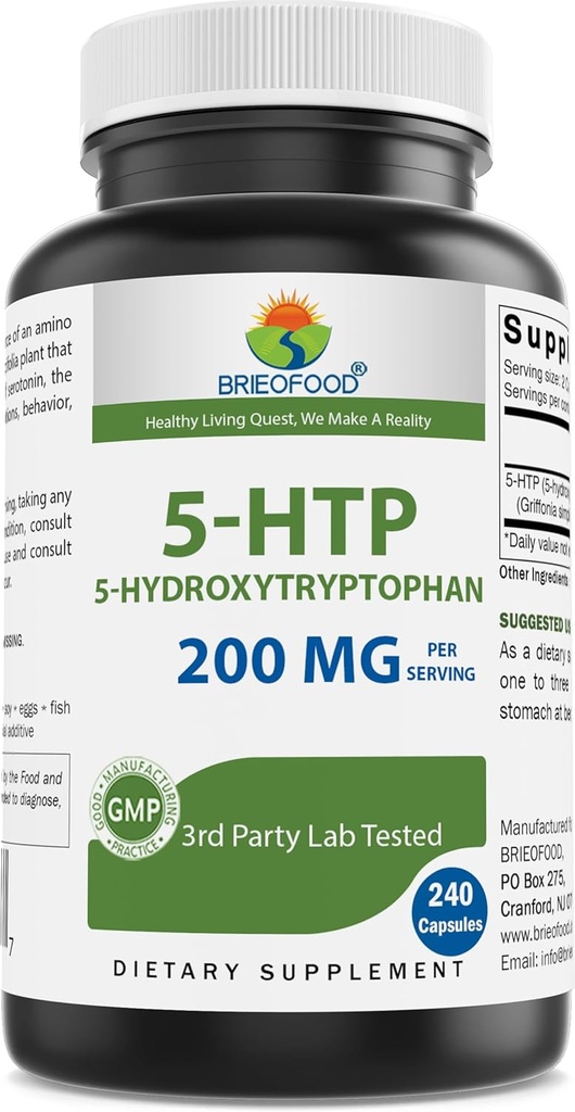 Brieofood 5-HTP 200mg per Serving - 240 Capsules - 5-Hydroxytryptophan for Healthy Relaxation - 3rd Party Lab Tested